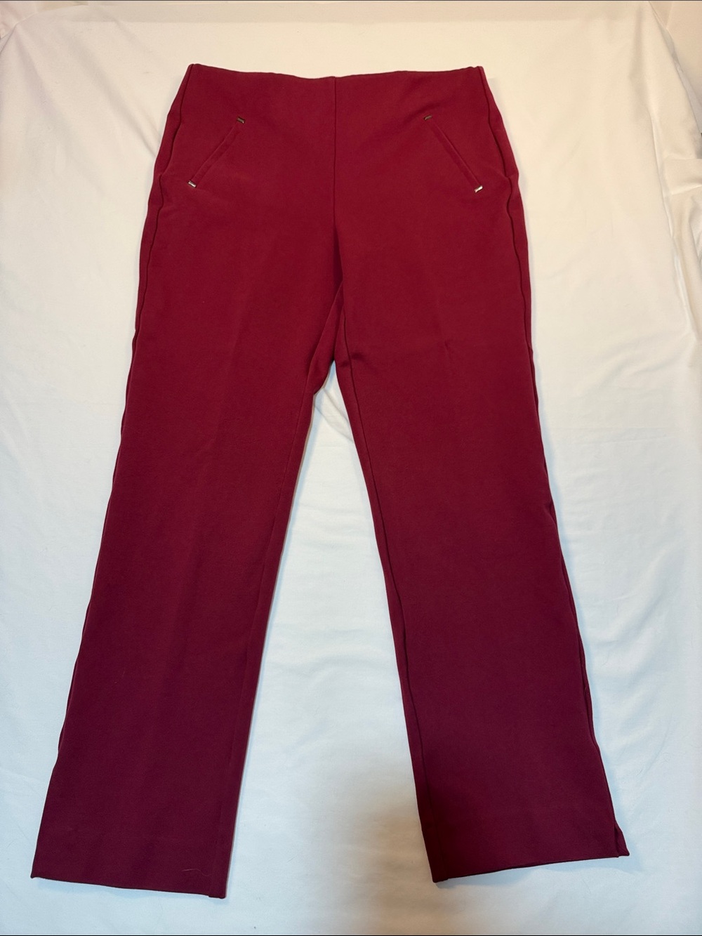 Chico's W8 So Slimming Juliet Knit Wine-Red Pull-On Straight Leg Pants Faux Pkts